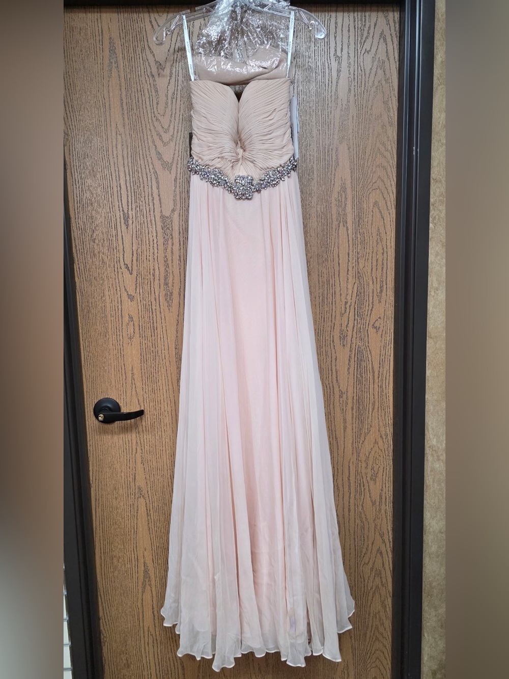 Jovani Blush Strapless Pleated Maxi Dress with Jeweled Waist